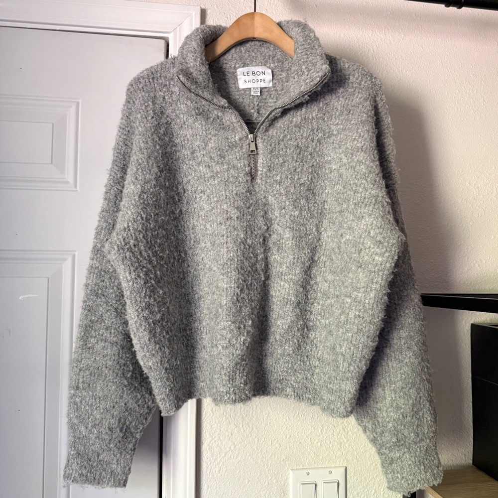 LE BON SHOPPE heather grey wool blend 1/4 zip boxy cropped fuzzy sweater jacket‎